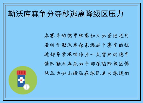 勒沃库森争分夺秒逃离降级区压力
